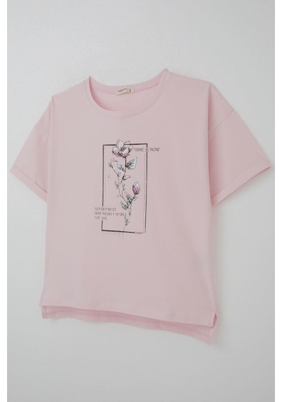 Breeze Kız Çocuk Tişört Taş Aksesuarlı Çiçek Baskılı 9-16 Yaş, Pembe Pembe
