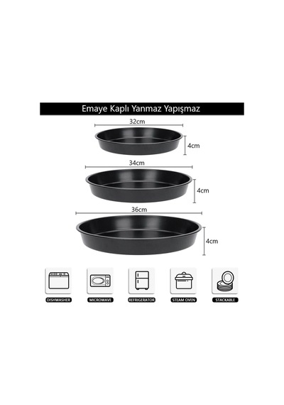 Tr 32-34-36 Cm 3'lü Siyah Parlak Emaye Yuvarlak Fırın Tepsi Seti Siyah 32 X 32 Genel