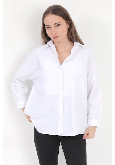 Giysa Kadın Beyaz Uzun Kollu Basic Pamuklu Oversize Gömlek - 3900 Beyaz