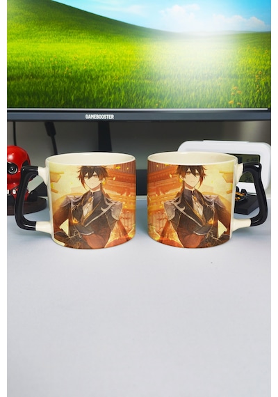 Zhongli Genshin İmpact Baskılı Seramik Lüks Kupa 1 Adet Özel Siyah Kulp Dalga Kulp V4d Çok Renkli