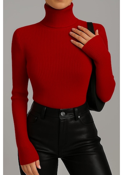 Catspy Unisex Premium Pamuklu Balıkçı Yaka Kaşkorse Şardonlu Slimfit Boğazlı Kazak Kırmızı