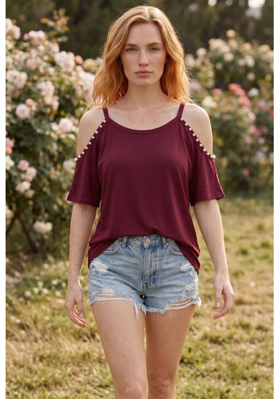 Soulshae İnci Askılı Kısa Kollu Bluz Bordo