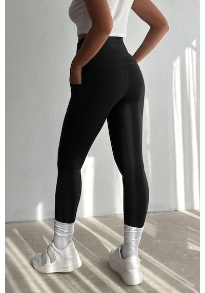 Balenbi Haute Kadın Yüksek Bel Toparlayıcı Çift Cepli Leggings Fitness Tayt 1092 Siyah