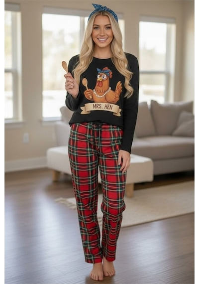 Siyah İnci Kadin Ekose Merry Christmas Baskılı Yılbaşı Temalı Örme Pijama Takım 7970 Kırmızı Ekose