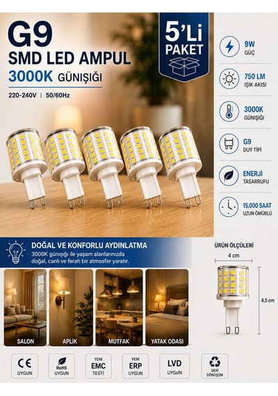 5 Adet 9w 750 Lm 3000k Günışığı G9 Smd Led Ampul
