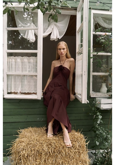 Mai Collection Mai Studios Co. Elisa Gül Detay Bordo Uzun Elbise Bordo