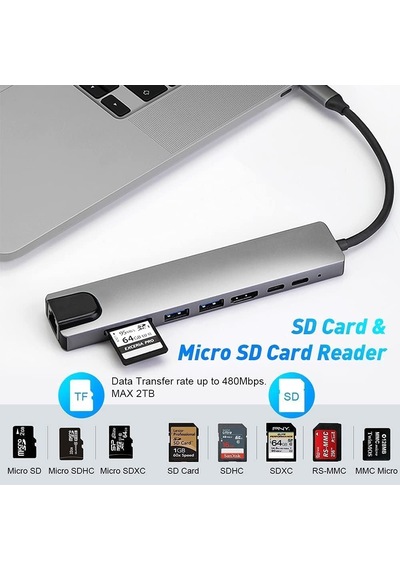 Usb C Hub, 8'i 1 Arada Usb C Adaptörü, 4k Hdmı, Type C 100w Pd, Usb C Bağlantı Noktası, Usb 3.0, Rj45 Ethernet, Sd/tf Kartları, Yerleştirme İstasyonu, Macbook Air/pro, İphone 15, Windows, Switch İle