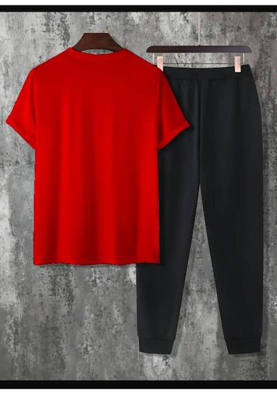 Medinenur Hng Baskılı T-shirt Eşofman Altı Jogger Rahat Kalıp Kırmızı Eşofman Takım Kırmızı