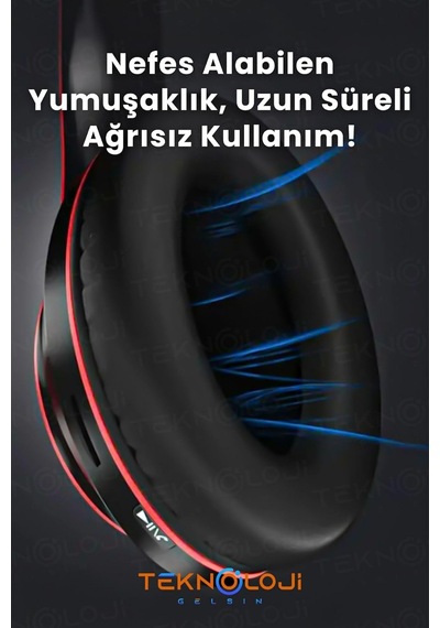 Kablosuz Kulaklık Bluetooth Mikrofonlu Kulaküstü Kulaklık Led Işıklı Katlanabilir Siyah-kırmızı