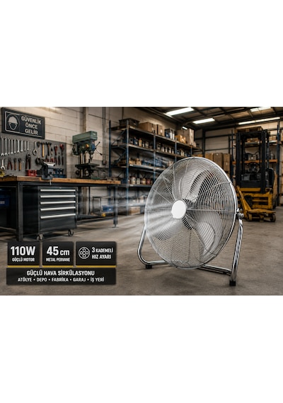 45 Cm Metal Sanayi Tipi Yer Vantilatörü 110w 3 Kademeli Güçlü Endüstriyel Fan Tam Metal Gövde