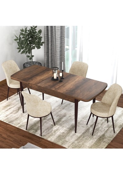 Canisa Concept Kor Serisi 70x114 Açılabilir Mutfak Masası Takımı Barok Desen Masa 4 Krem Sandalye Masa Barok Sandalyeler Krem
