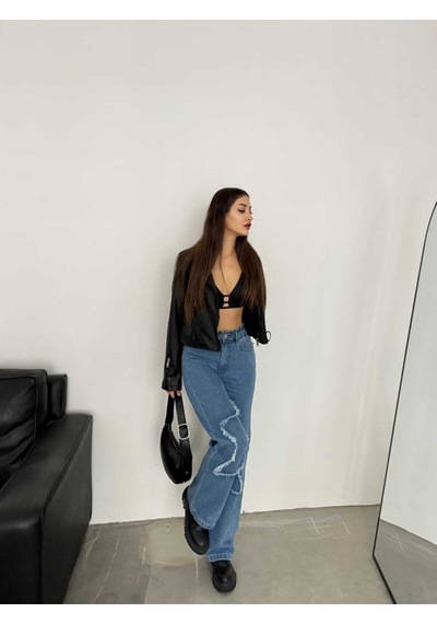 Shevega Kadın Mavi Bacak Yildizli Bol Paça Kot Jeans Pantolon Mavi