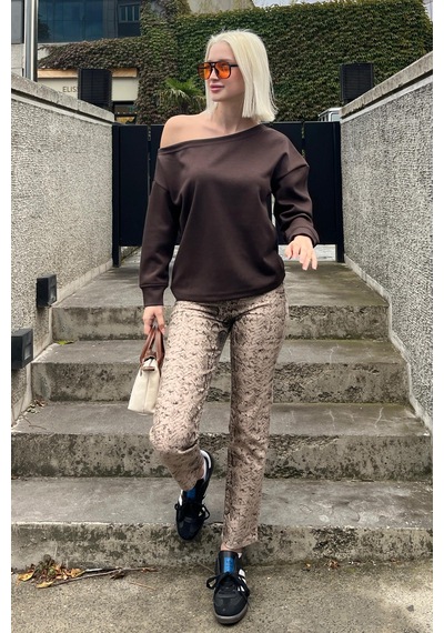 Madmext Kahverengi Kayık Yaka Basic Sweatshirt Mg2228 Kahverengi