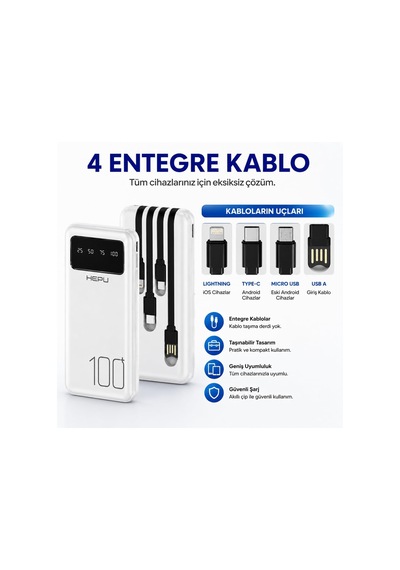Hp-tp04 Titan Series 10.000 Mah Dahili 4 Kablolu Qualcomm Quick Charge 3.0 Dijital Ekranlı Hızlı Şarj Powerbank - Beyaz