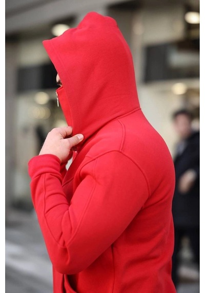 Erkek Maskeli Ninja Model Çift Kapüşonlu 3 İplik Şardonlu Fermuarlı Sweatshirt - Kırmızı