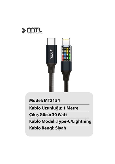 30w Pd Type-c To Apple Uyumlu iPhone Lightning Güç Durum Göstergeli Lcd Ekranlı Şarj Kablosu 1 Metre Siyah Mt2154