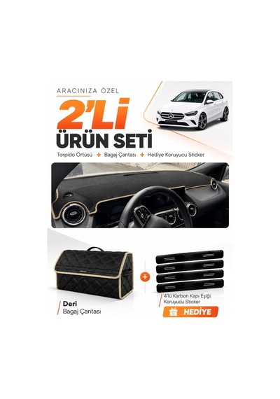 Mercedes W247 B180 B Class 2019-2022 Uyumlu Torpido Örtüsü + Deri Bagaj Çantası Seti - Siyah Bej
