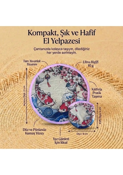 Koi Balığı Ve Kiraz Çiçeği Desenli Katlanabilir Cep Yelpazesi - Japon Stili Kılıflı El Yelpazesi Bx40
