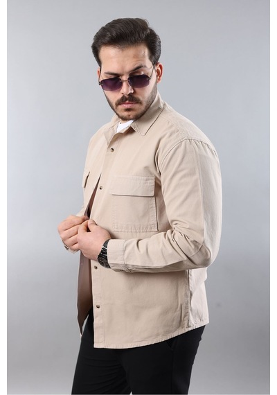 Little Cup Jeans Co Erkek Relax Fıt Kalıp Pamuklu Bej Kot Gömlek