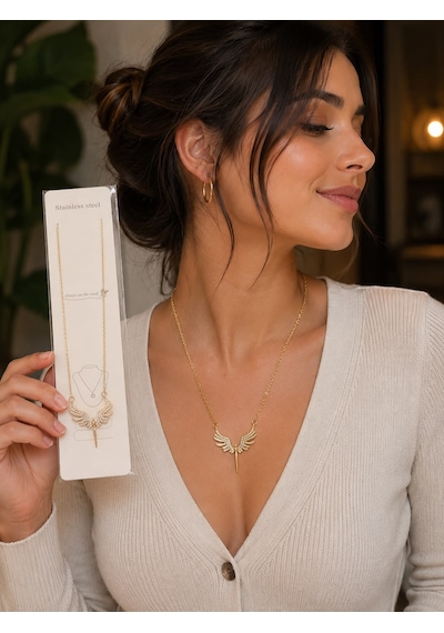 Melek Kanat Kolye Zirkon Taşlı Gold