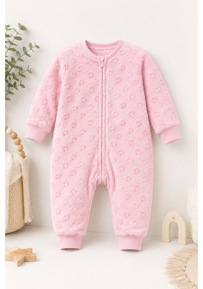 Babyhola 1.5 Tog Gül Ve Yıldız Desenli Kadife Uzun Kollu Bebek Uyku Tulumu 2710 Pembe