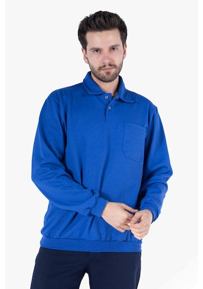 İki İplik Polo Yaka Cepli Sweatshirt Saks Mavi