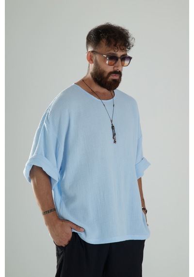 Cocopelli Mavi Müslin Kumaş Oversize Fakir Kol T-shirt Coc1101 Mavi