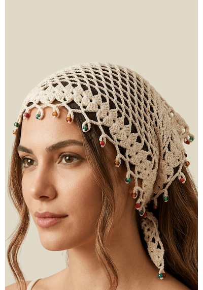 %100 El Örgüsü Boncuklu Bohem Kadın Bandana Saç Aksesuarı Krem