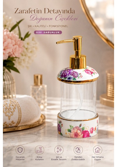 Porsima 3127 Gold Kapaklı Porselen Ve Cam Sıvı Sabunluk Çiçek Desenli Ve Şeffaf Tasarım 350 Ml Gold