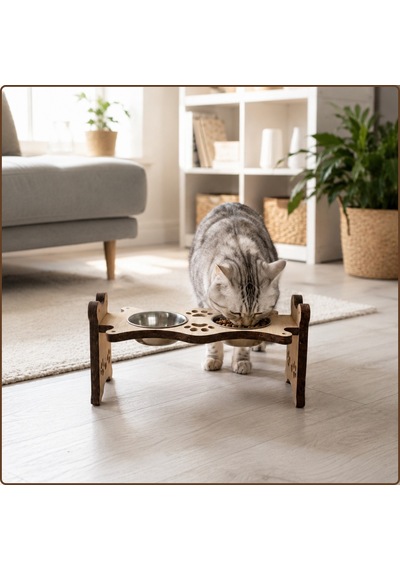 Ustaağaç Ahşap Kedi & Köpek Mama Ve Su Kabı Standı