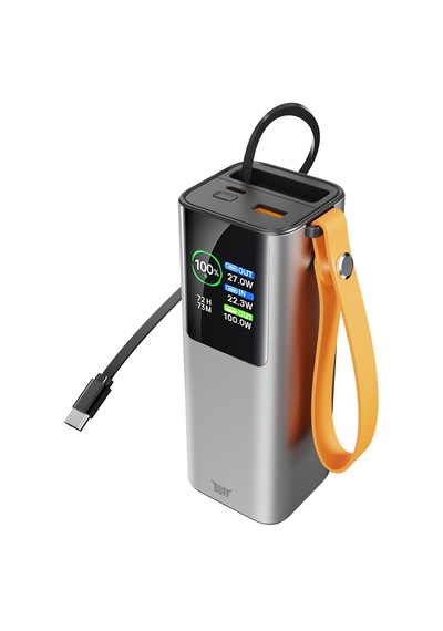 Buff Labs Buff Bp20 100w 20000mah Powerbank Dijital Ekranlı, Makaralı Dahili Type-c Kablo, Hızlı Şarj Metalik Gri