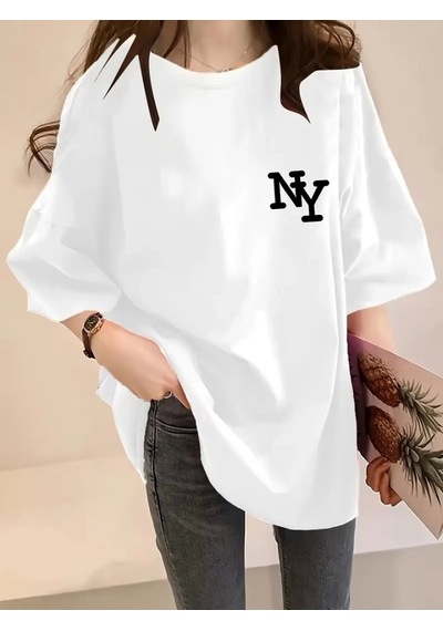 Modi Baskılı Oversize Bisiklet Yaka T-shirt - Beyaz - Mymg158989