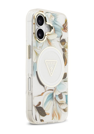 Apple Uyumlu iPhone 17 Kılıf Guess Lisanslı M-safeli Simli Çiçek Desen Metal Kamera Çerçeveli Üçgen Logolu Beyaz Beyaz