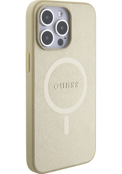 Apple Uyumlu iPhone 15 Pro Max Kılıf Guess Lisanslı Magsafe Şarj Özellikli Yazı Logolu Saffiano Siyah