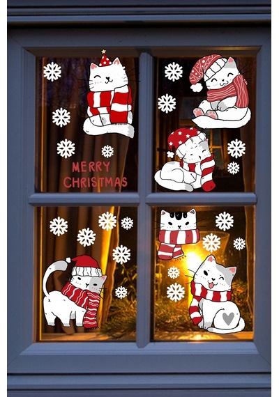 Sevimli Noel Kedileri Ve Kar Taneleri Yılbaşı Pencere Duvar Sticker Seti