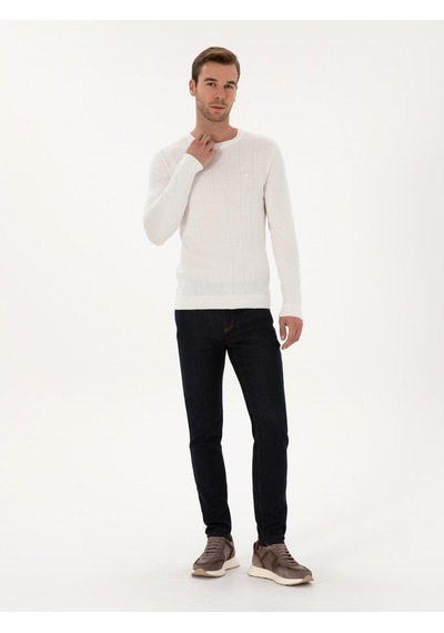 Cacharel Ekru Slim Fit Pamuk Karışımlı Bisiklet Yaka Triko Kazak Bej