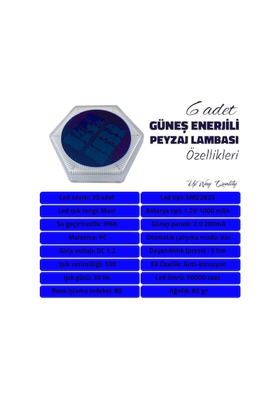Upway 6'lı Güneş Enerjili Mavi Peyzaj Lambası - 20 Led Ip68 Su Geçirmez Kırılmaz Paslanmaz Mavi
