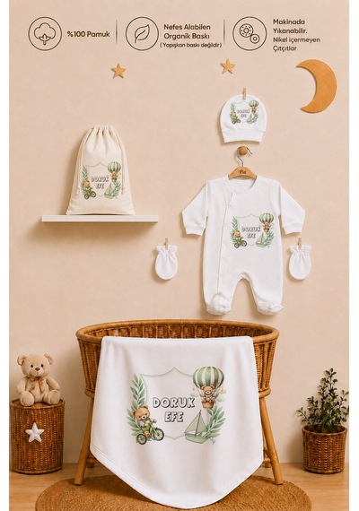 Pia Baby İsme Özel Erkek Bebek %100 Pamuk Hastane Çıkışı Tulum Şapka Eldiven Kıyafet Keseli Hediye Seti 1042tybk0x Krem