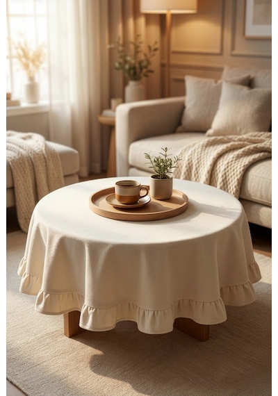 Fırfırlı Kenarlı Dekoratif Yuvarlak Fiskos Masa Örtüsü Krem 80 X 80 Cm Krem