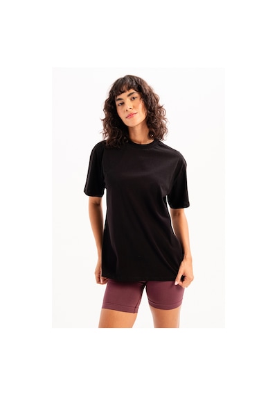 Justever 100% Pamuk Oversize Fit Bisiklet Yaka Siyah Kadın T-shirt - Halo Siyah