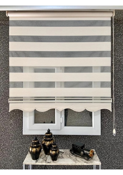 Krem Geniş Pliseli Zebra Stor Perde Eteği Dilimli Alüminyum Kasa Etek Dilimi  Krem 10 x 10