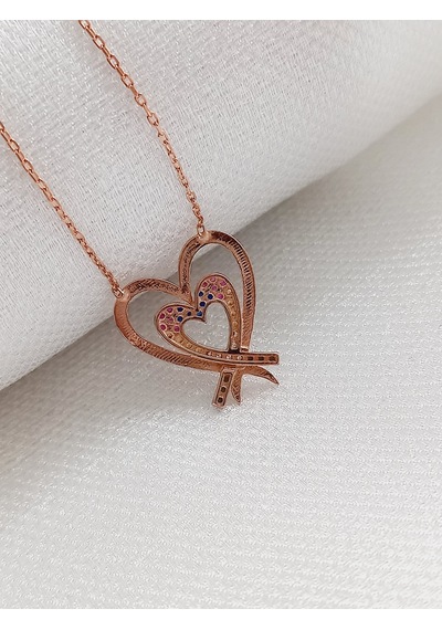 925 Gümüş Gold Bağlantılı Kalpler Gökkuşağı Kadın Kolye