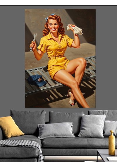 Retro Tarz Tamirci Kadın Dekoratif Kanvas - Mdf Ahşap Tablo