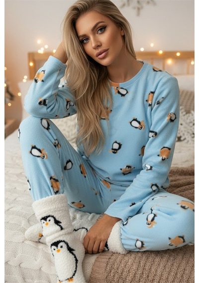 Siyah İnci Polar Kışlık Örme Pijama Takım 25222107 mavi