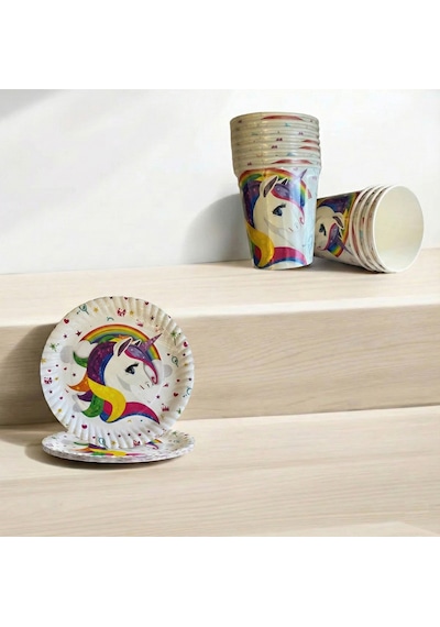 Unicorn Temalı Karton Tabak Bardak Set 8 Tabak 8 Bardak Çok Renkli