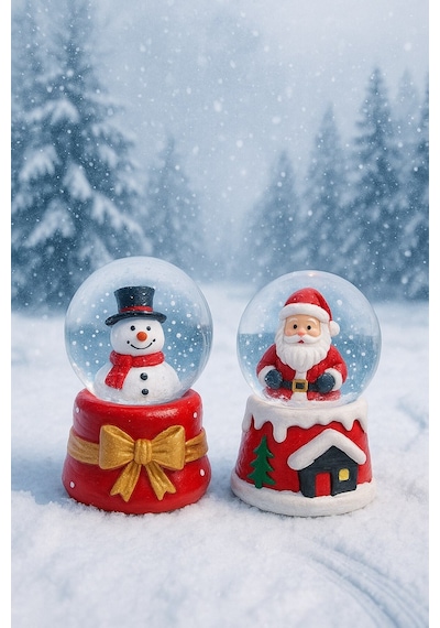 Yeni Yılın En Güzel Hediyesi Yılbaşı 2 Adet Led Işıklı 6,5 Cm Noel Baba Kardan Adam Kar Küresi Seti Dekoratif Obje