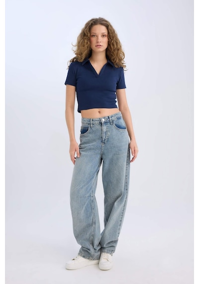 DeFacto Fitted Polo Yaka Basic Düz Fitilli Kaşkorse Kısa Kollu Tişört A0379AX25SMNV241