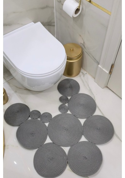 El Yapımı Bohem Jüt, Hasır, Paspas, Banyo Paspası, Klozet Önü Paspası, Klozet Paspas, Çift Taraflı Gri