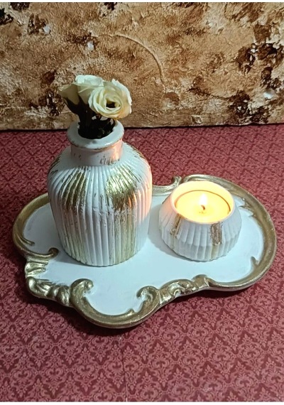 El Yapımı Dekoratif Sunum Tepsisi, Vazo Ve Tealight Mumluk Seti, Özel Tasarım 3'lü Aksesuar Seti