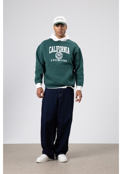 Vamos Çift Renk Baskılı Oversize Sweatshirt Nefti Yeşil